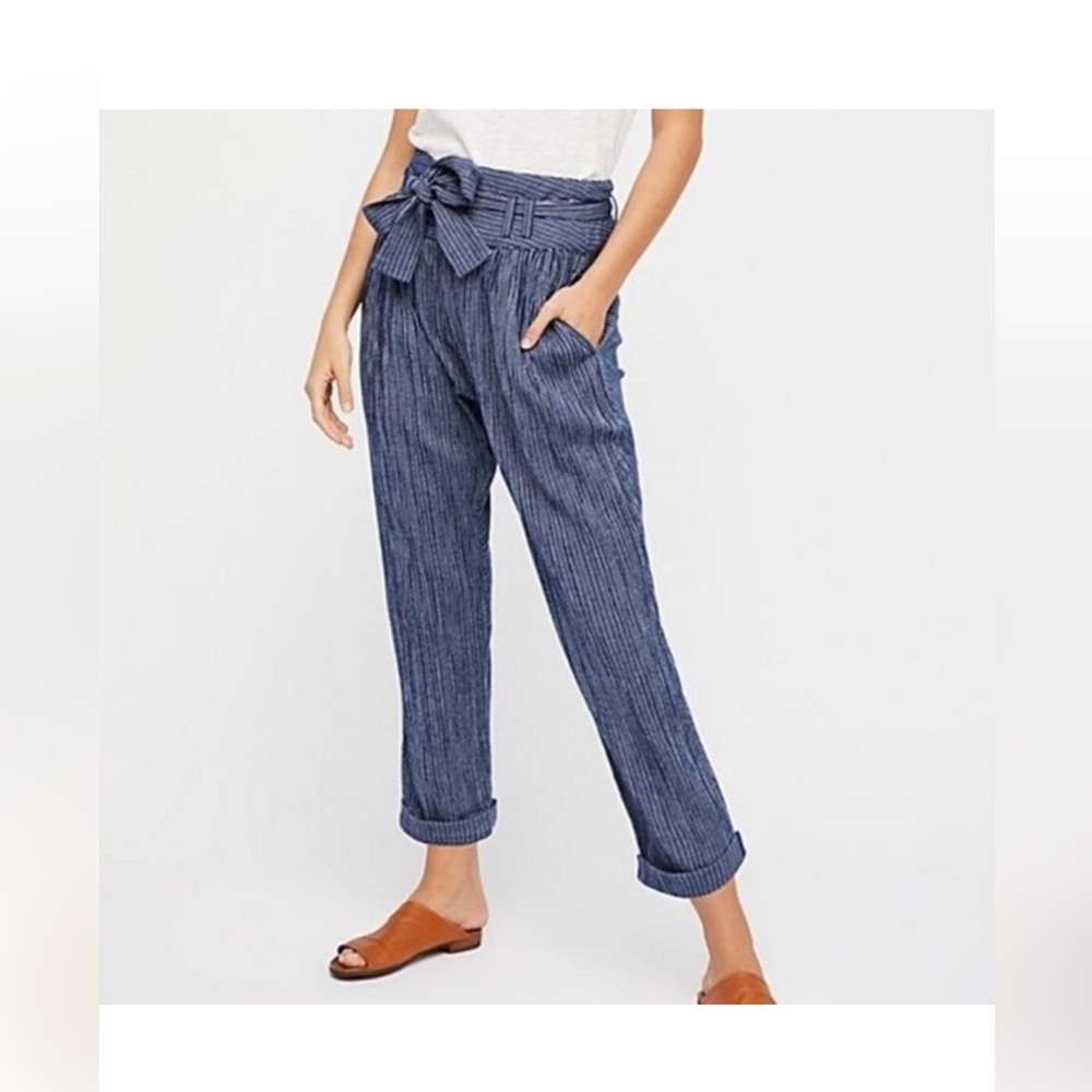 Free People Rumors Harem Pant | Cotton High Waist Blue Stripe belted size 2